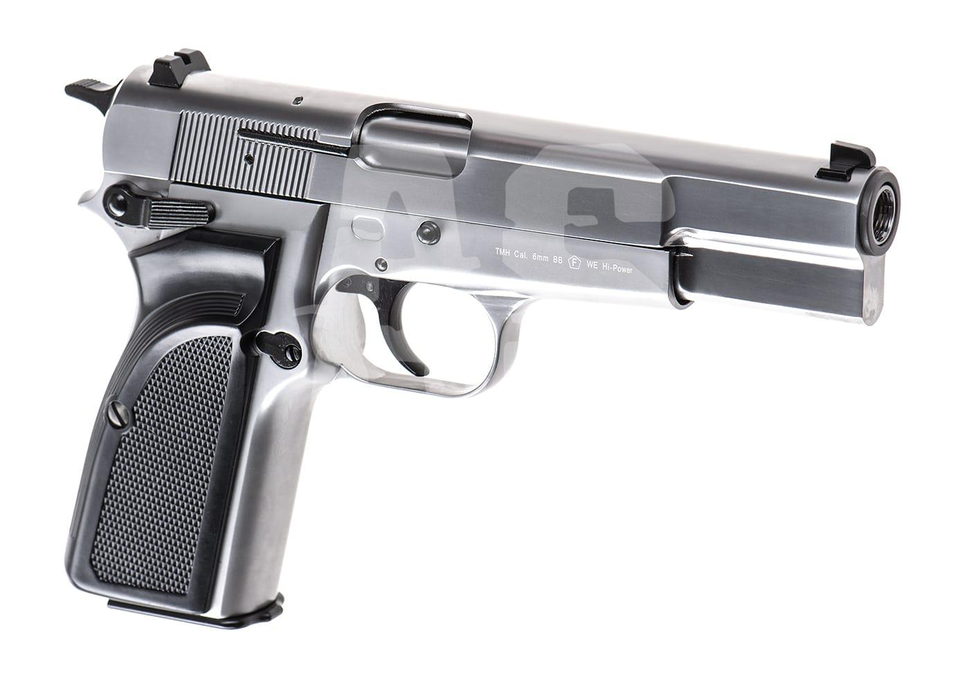 WE Hi-Power Mk3 Full Metal GBB - ab 18 Jahren Silberne Airsoft-Pistole, Modell 6mm BB, mit schwarzem Griff und detaillierten Markierungen.