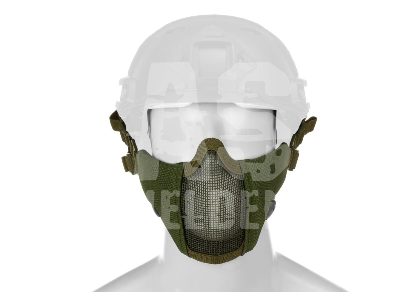 Airsoft-Maske mit grünem Mesh-Design, sichere Befestigung, idealer Gesichtsschutz.