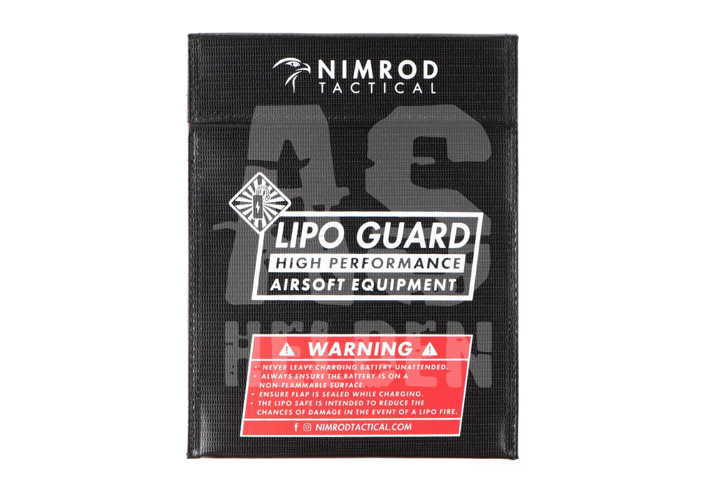 Schwarze LiPo-Sicherheitstasche, "Nimrod Tactical", mit Warnhinweisen für Airsoft-Akkus.