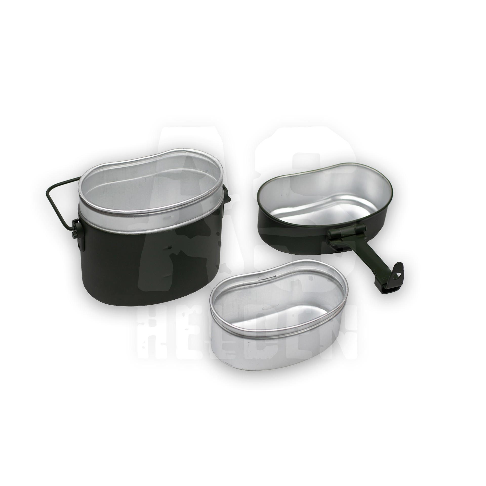 Grünes BW-Kochgeschirr-Set aus drei Teilen, ideal für Camping und Airsoft-Aktivitäten.