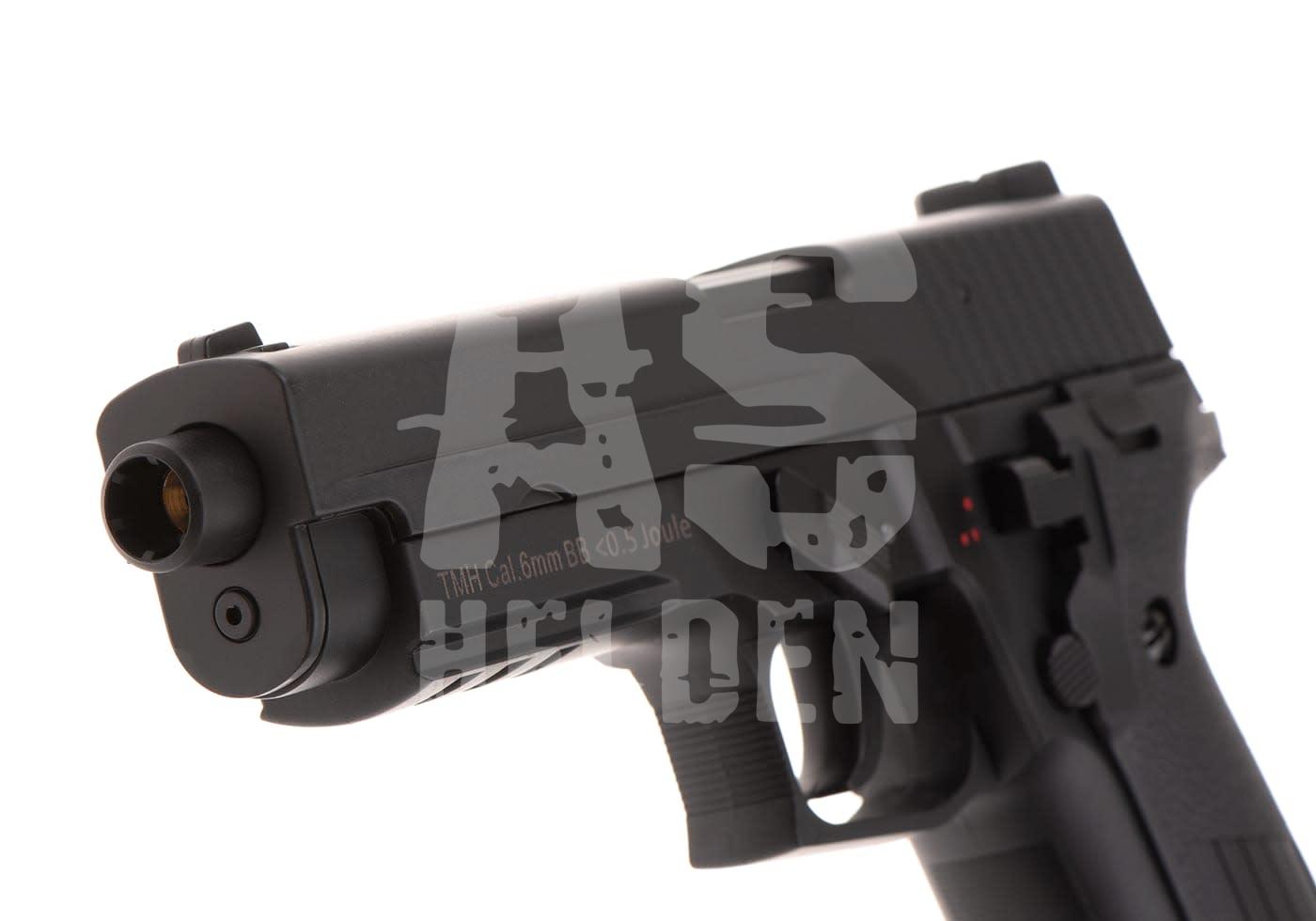 Schwarze Airsoft-Pistole, 6mm BB, Detailansicht des Laufs und Abzugs, mit AS Helden-Logo überlagert.