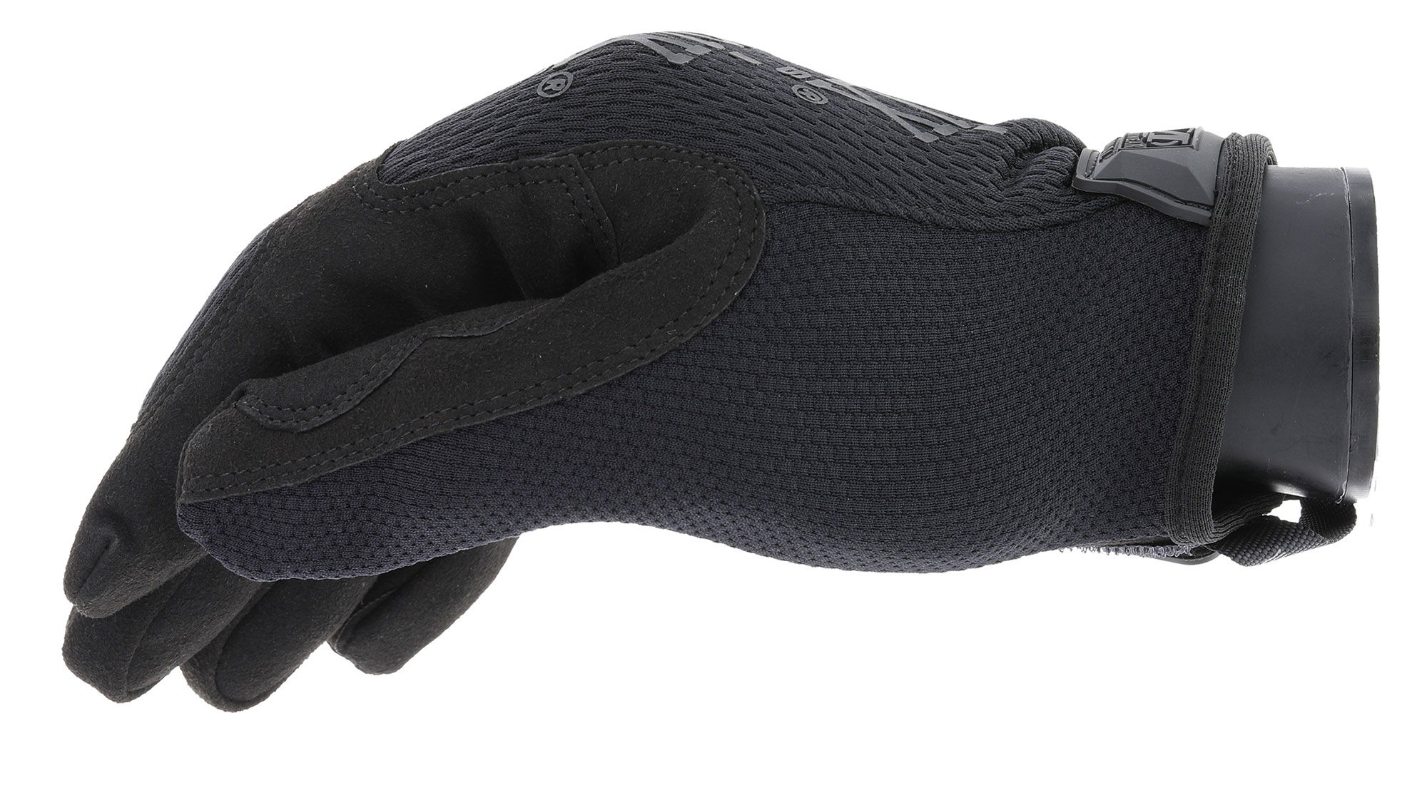 Mechanix Handschuhe Original Covert schwarz Schwarzer Airsoft-Handschuh aus robustem Material, seitliche Ansicht.