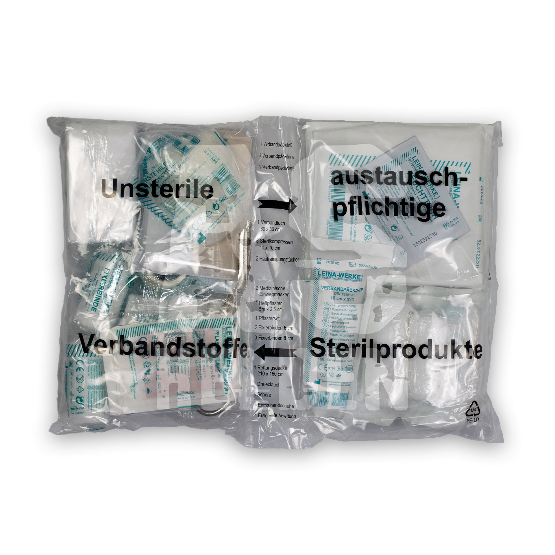 Erste-Hilfe-Packung mit unsterilen und sterilen Verbandstoffen, austauschpflichtige Produkte in Plastikverpackung.
