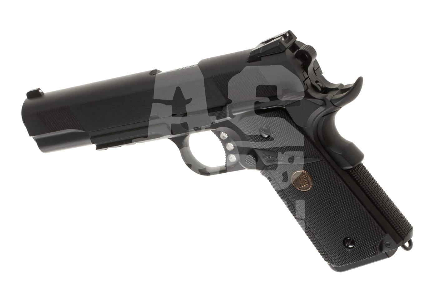 Schwarze Airsoft-Pistole, seitliche Ansicht, detaillierte Grifffläche und Abzugsschutz.