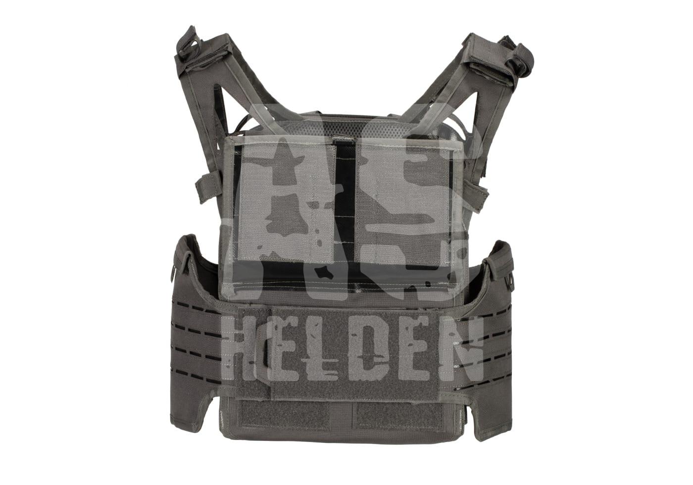 Schwarzer taktischer Plattenträger mit verstellbaren Schultergurten und Lasercut-Molle-System.