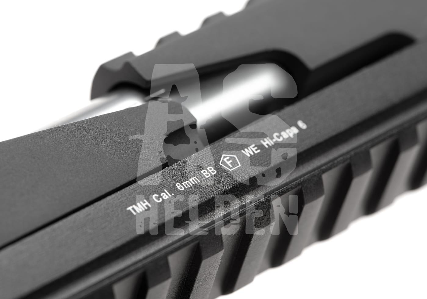 WE Hi-Capa 6 T-Rex Customs Titanium Barrel Full Metal GBB - ab 18 Jahren Nahaufnahme einer Airsoft-Pistole mit Kaliberangabe 6mm BB auf dem Schlitten.
