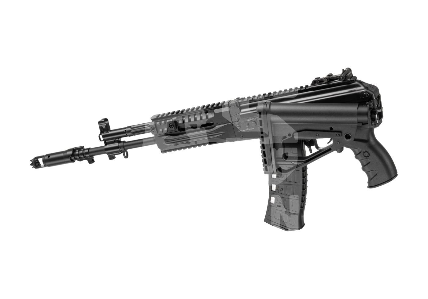 Schwarzes Airsoft-Gewehr mit taktischer Schiene und Zielfernrohrhalterung.