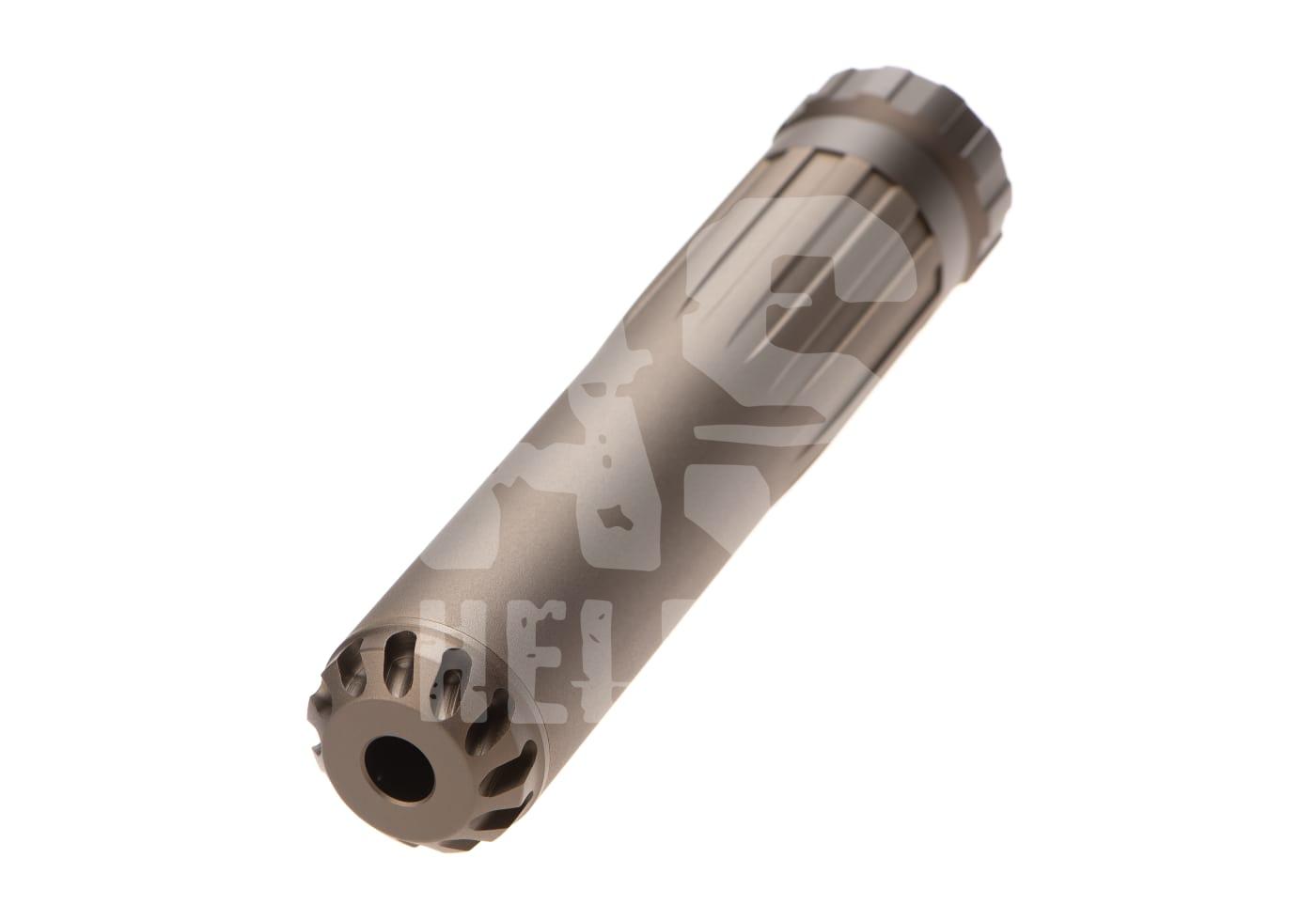 Airsoft Dummy-Suppressor in Metalloptik, zylindrisch, mit strukturiertem Design.