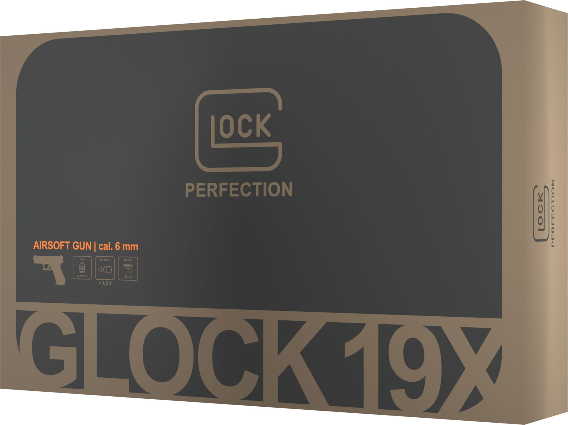 Verpackung einer Airsoft Glock 19X, Kaliber 6 mm, mit Logo und technischen Details.