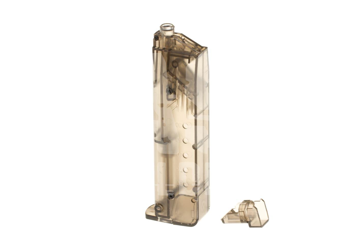 Transparenter BB-Loader mit abnehmbarem Deckel für Airsoft-Pistolen.