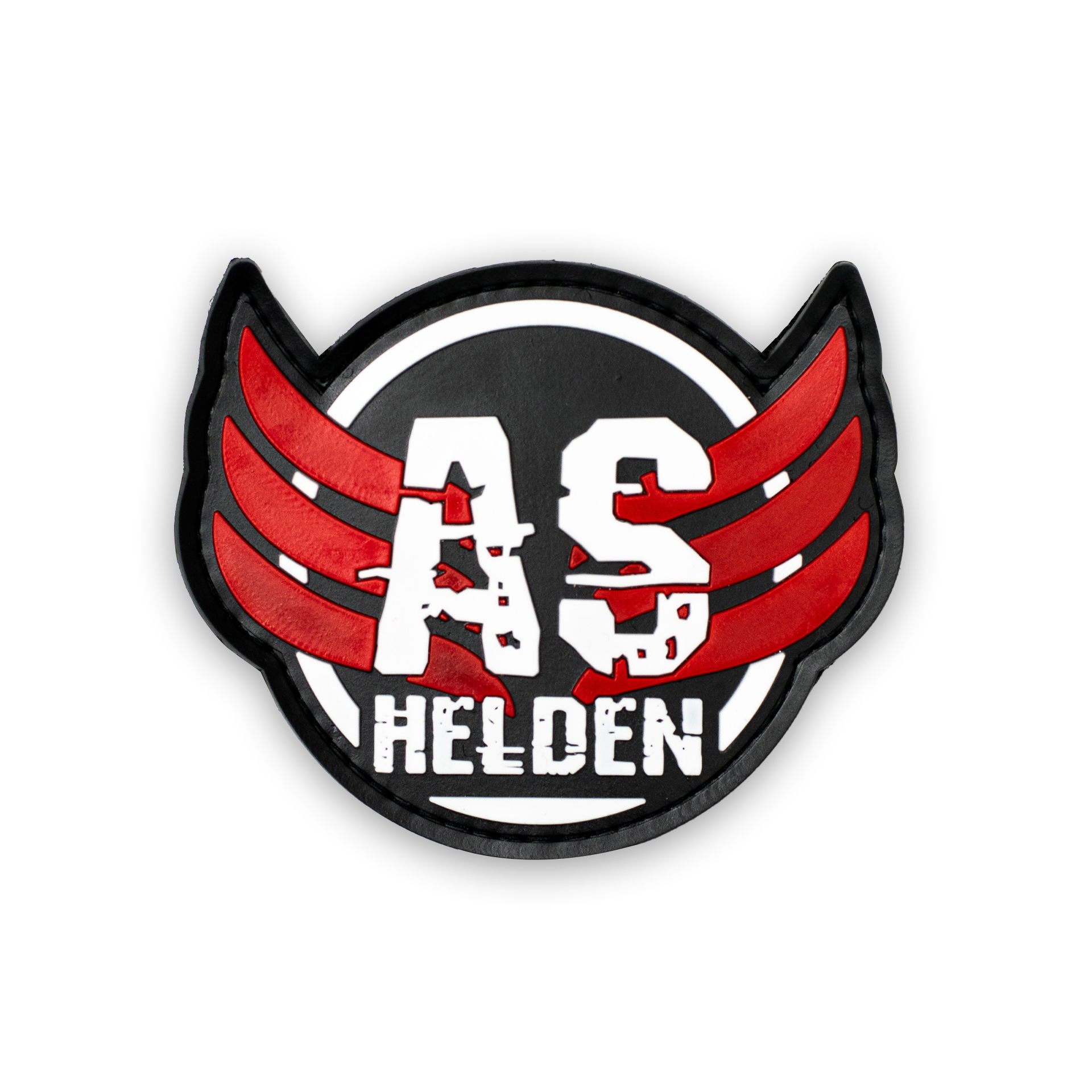 Airsoft Helden Patch mit roten Flügeln und "AS HELDEN"-Schriftzug auf schwarzem Hintergrund.