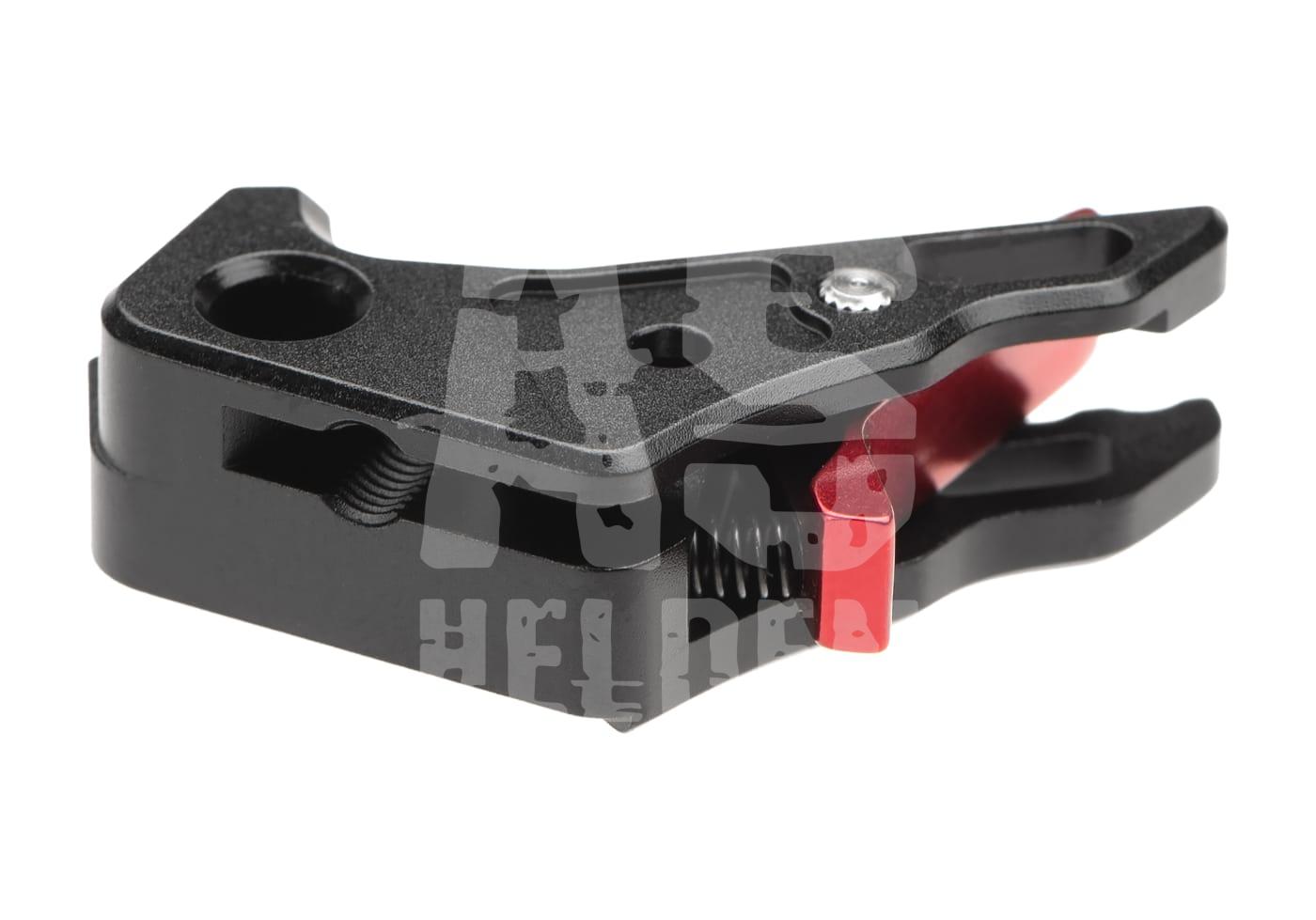 AAP01 Adjustable Trigger Schwarz-roter Airsoft-Abzugsmechanismus aus Metall, seitliche Perspektive.