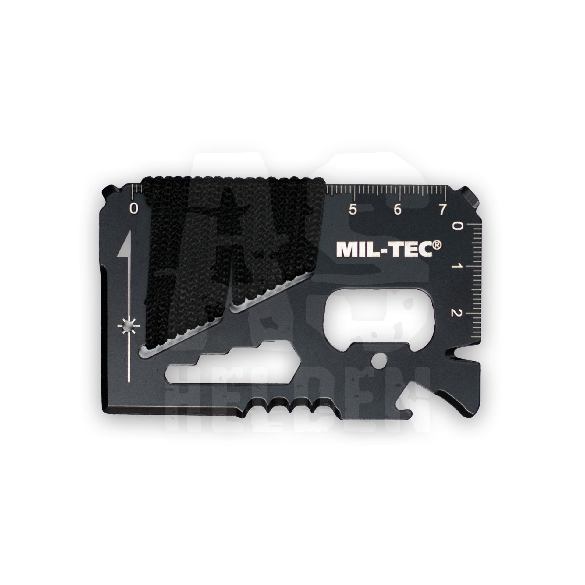 Schwarze Multitool-Karte von Mil-Tec mit Lineal und verschiedenen Werkzeugen.