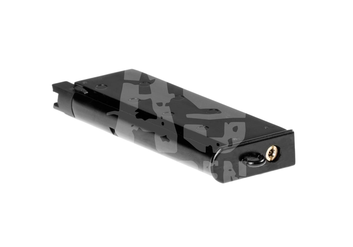 Schwarzes Airsoft-Gas-Magazin in perspektivischer Ansicht, auf weißem Hintergrund.