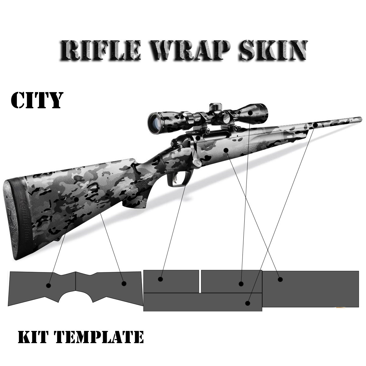 Gewehr mit "City"-Tarnfolie und Schablonen-Kit zur Anpassung.