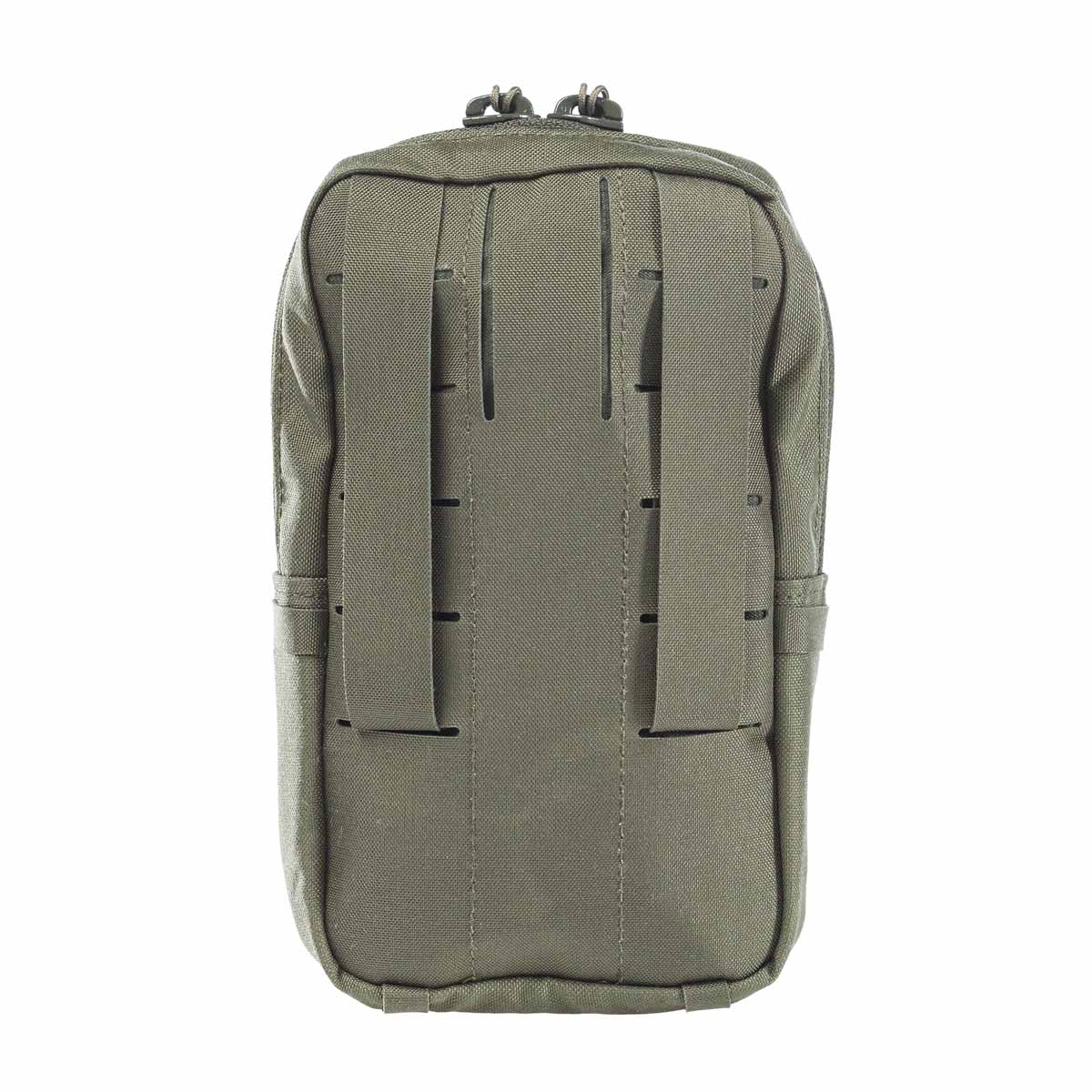 Olivgrüne, rechteckige MOLLE-Tasche für Airsoft-Zubehör mit strapazierfähigem Stoff und zwei vertikalen Befestigungsgurten.