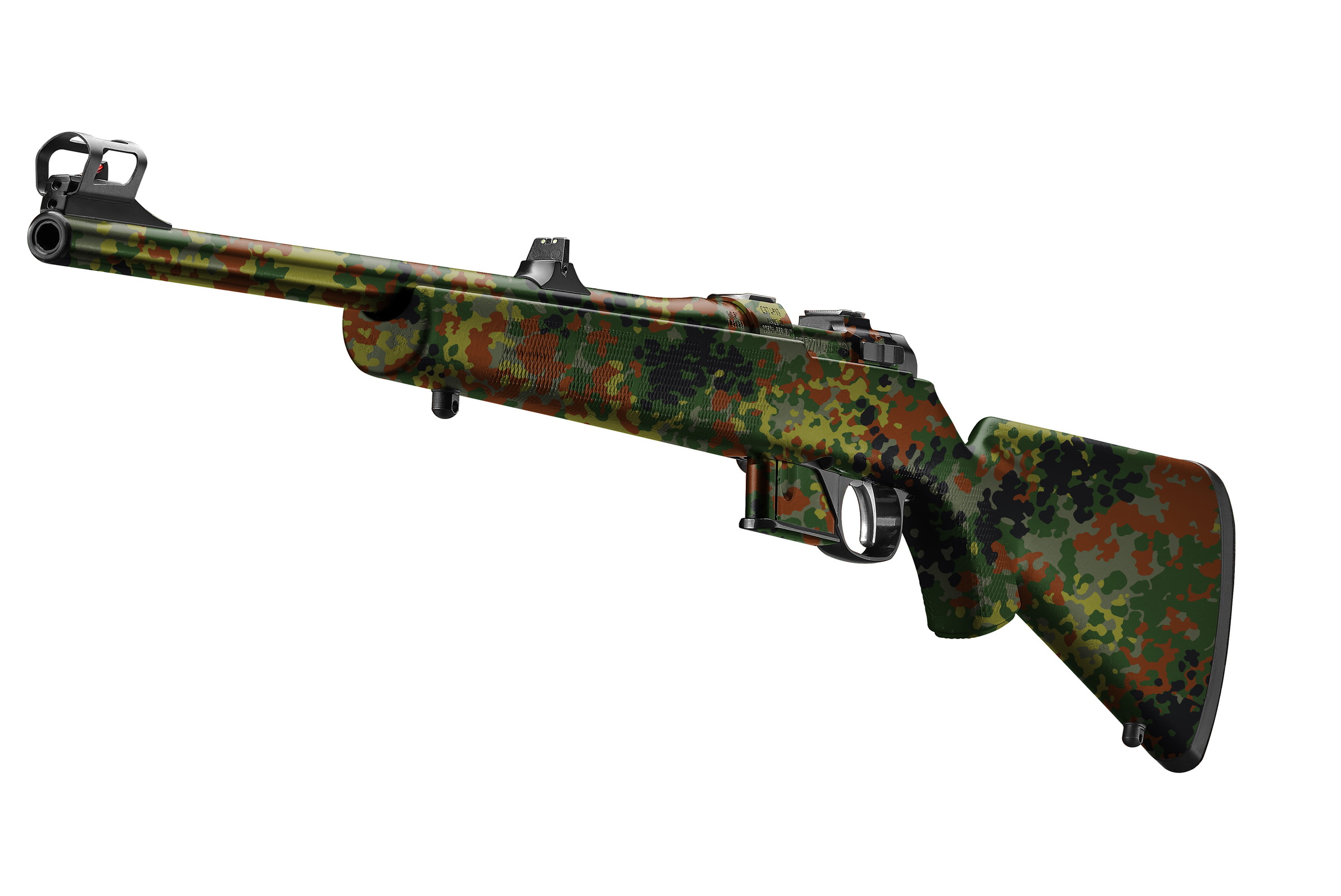 Airsoft-Gewehr in Flecktarnmuster mit Schaft. Ideal für Tarnungsspiele und taktische Einsätze.