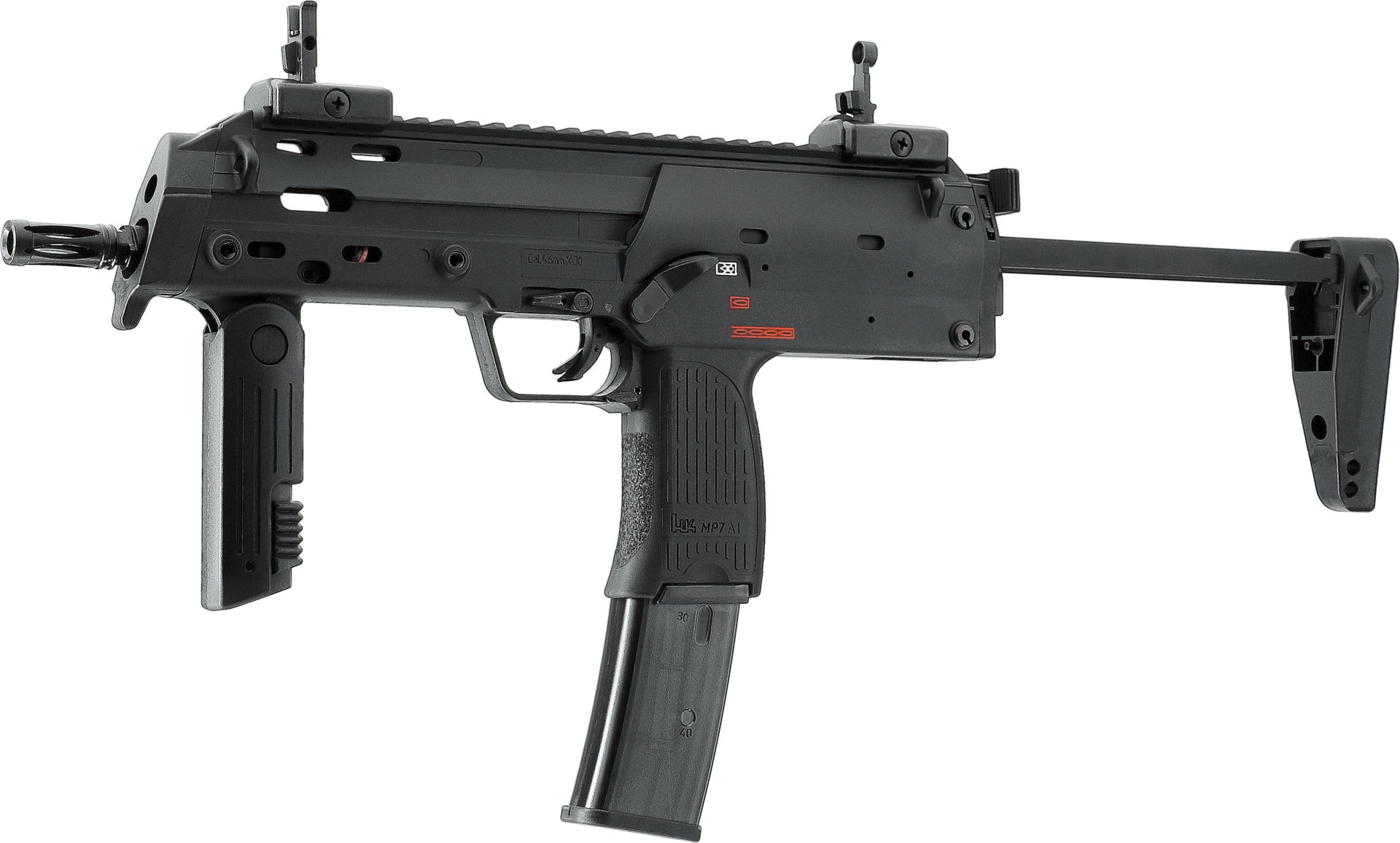 Heckler & Koch MP7 A1 black 6mm S-AEG - ab 18 Jahren Airsoft-Nachbildung einer kompakten Maschinenpistole mit Klappschaft und taktischem Design in Schwarz.