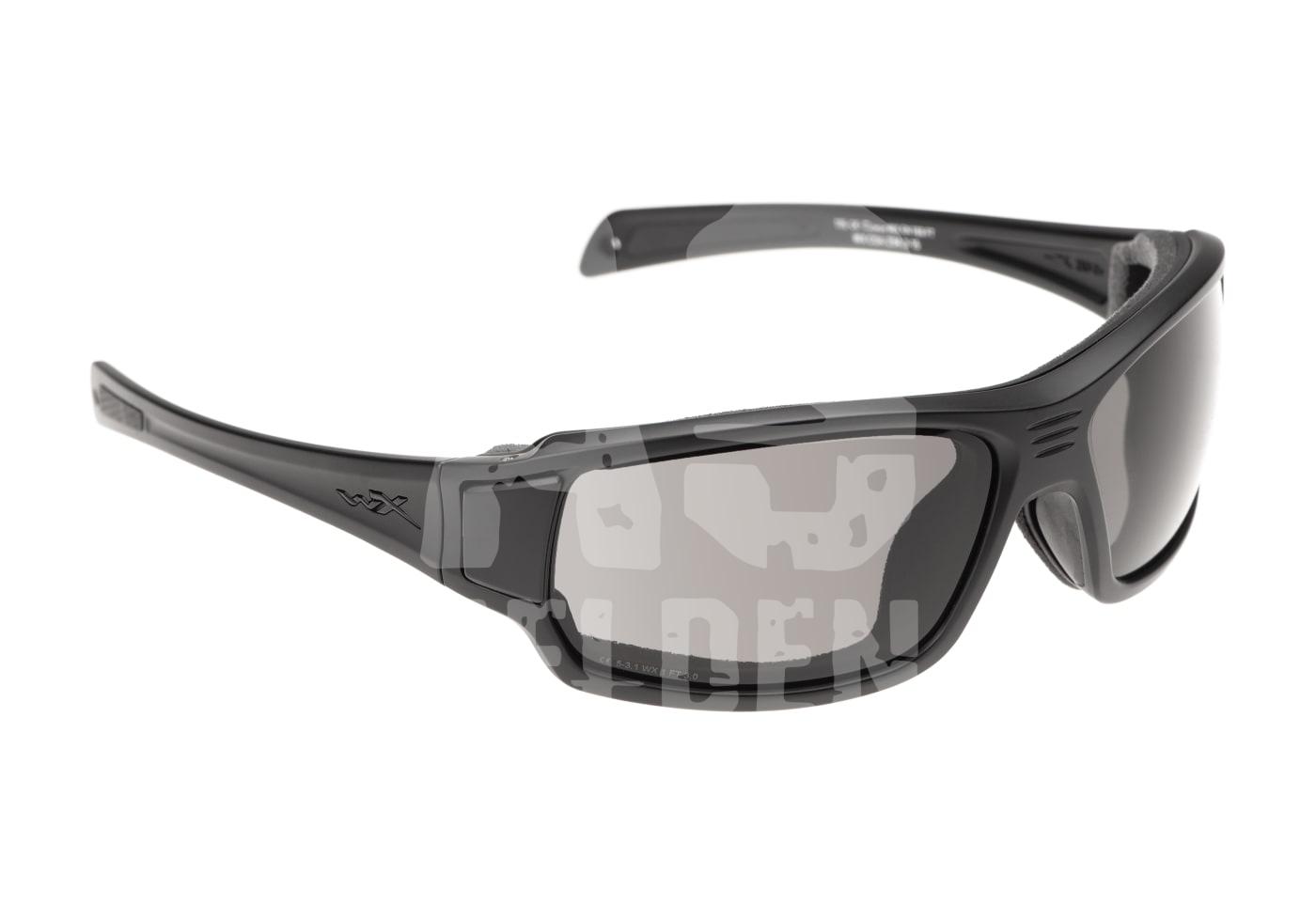 Schwarze taktische Schutzbrille mit getönten Gläsern für Airsoft-Sportarten.