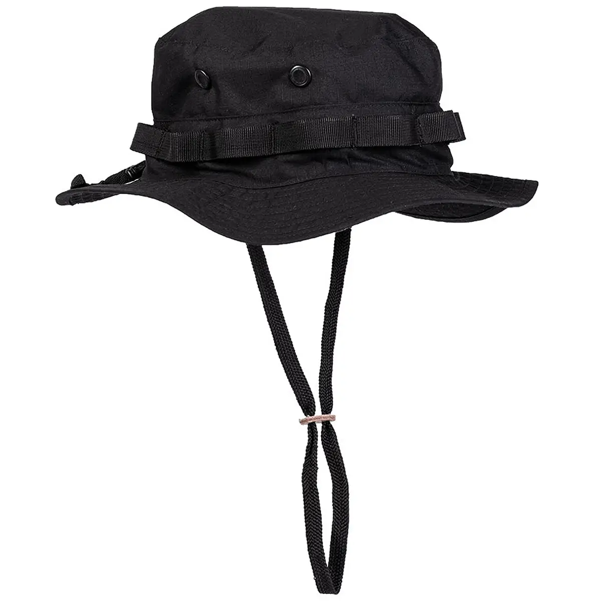US GI DSCHUNGELHUT 'ONE SIZE' SCHWARZ Schwarzer Boonie-Hut mit Kinnriemen, ideal für Airsoft und Outdoor-Aktivitäten.