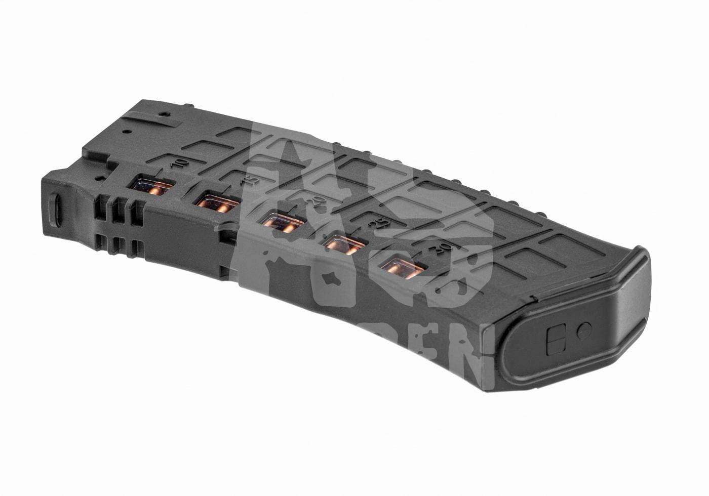 Magazin GK12 Midcap 120rds Schwarzes Airsoft-Magazin mit Sichtfenster, geladen mit BBs, robustes Design.