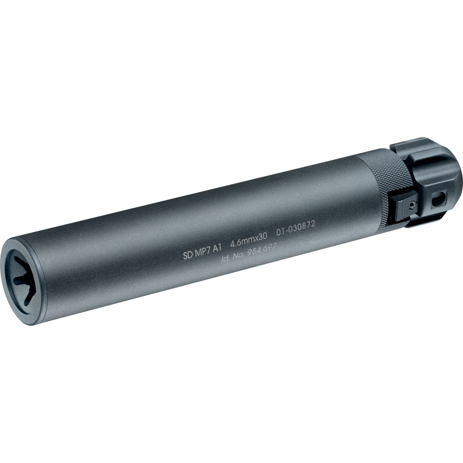 Schalldämpfer für SD MP7 A1, schwarz, mit Aufschrift und Sicherungsmechanismus, geeignet für Airsoft-Waffen.