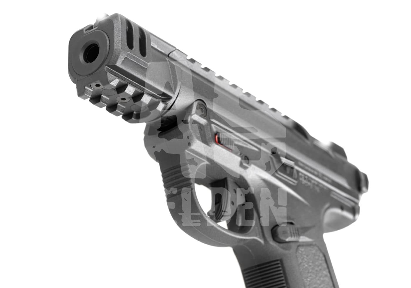 Action Army AAP01C GBB Semi Auto - ab 18 Jahren Moderne Airsoft-Pistole mit taktischen Schienen, seitlicher Nahaufnahme, silbernes Design.