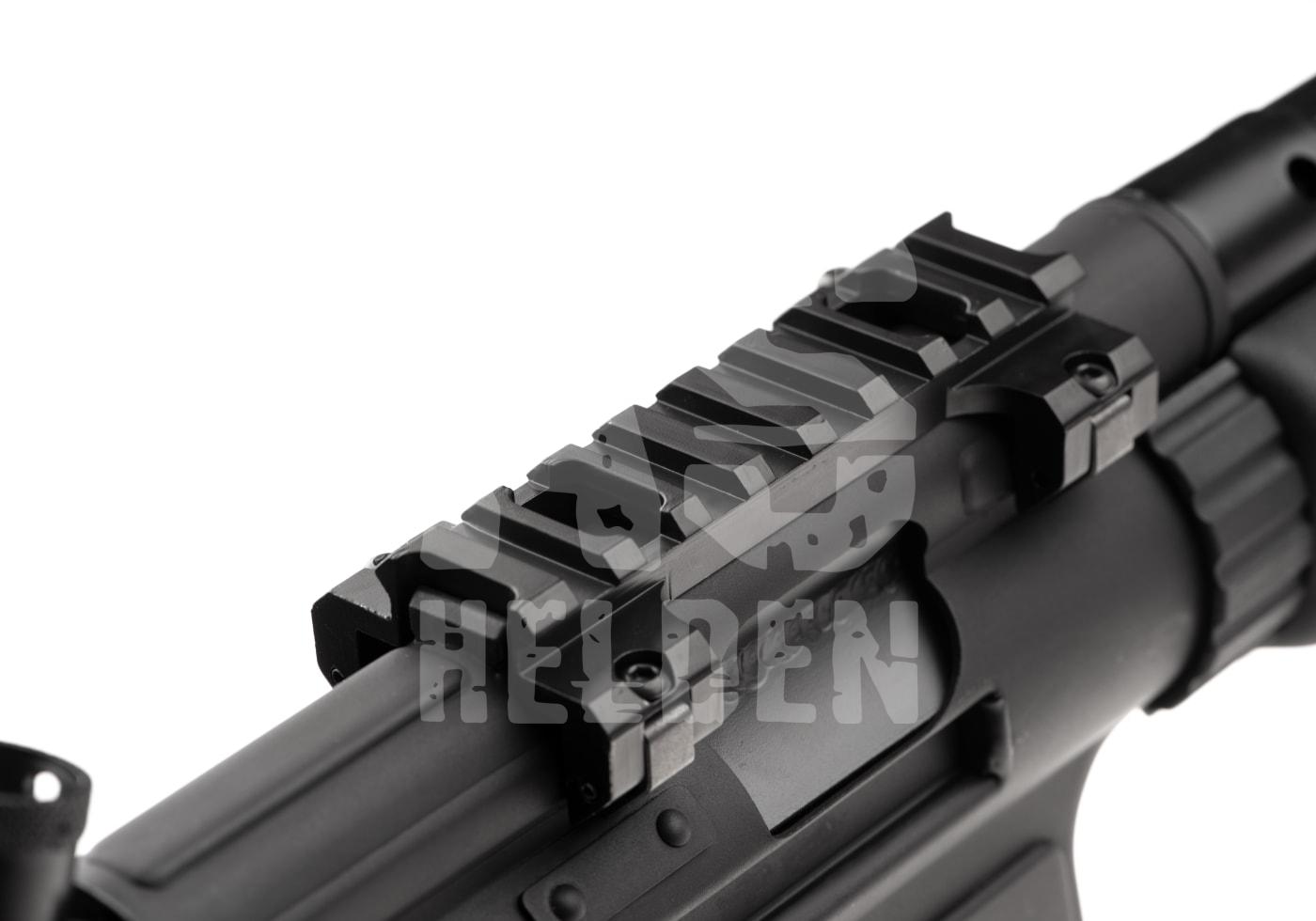 G&G TGM A3 E.T.U. S-AEG - ab 18 Jahren Picatinny-Schiene auf einer schwarzen Airsoft-Waffe für Zubehörmontage.