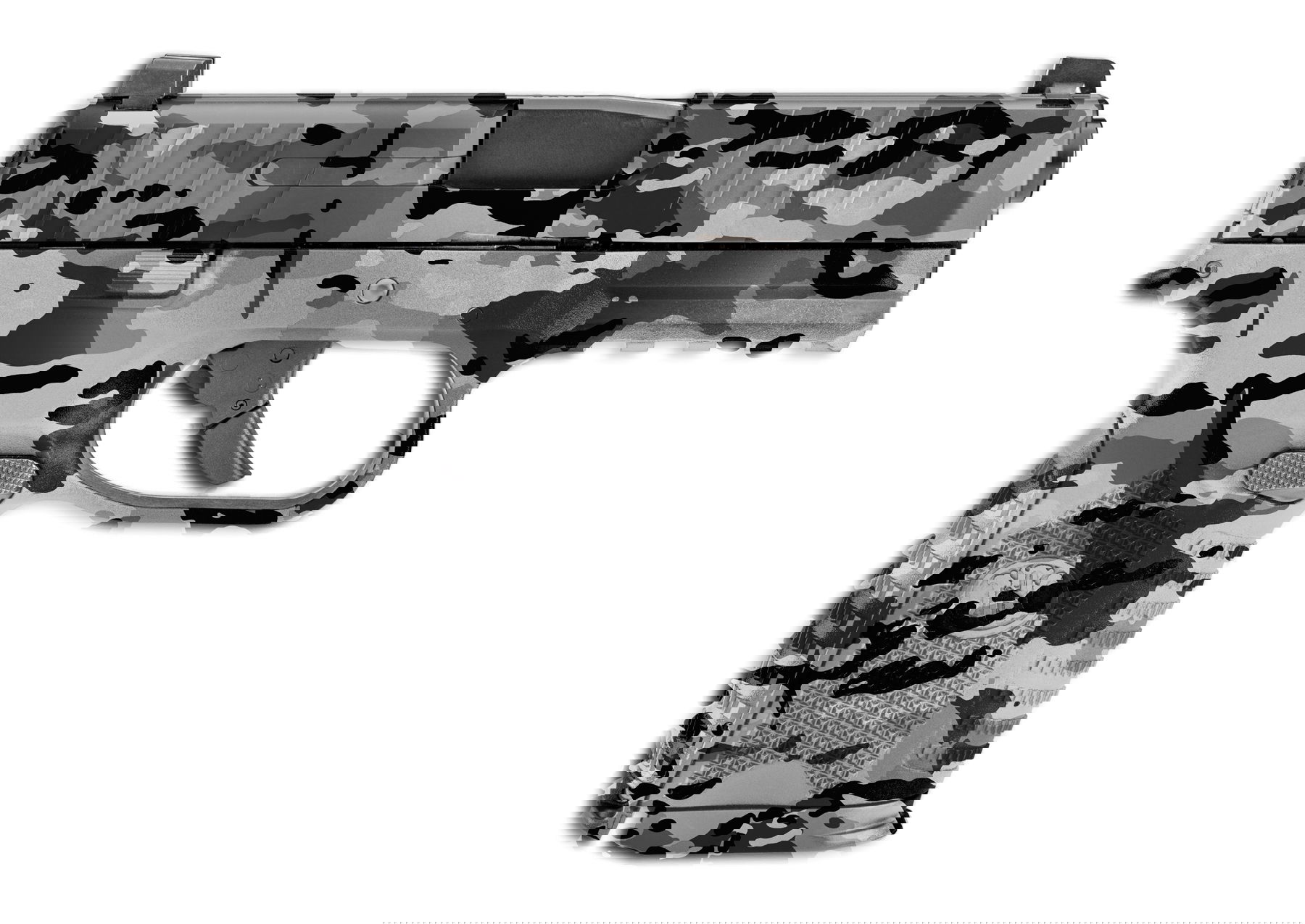 Tarn-Finish Airsoft-Pistole in Grautönen, seitliche Ansicht.