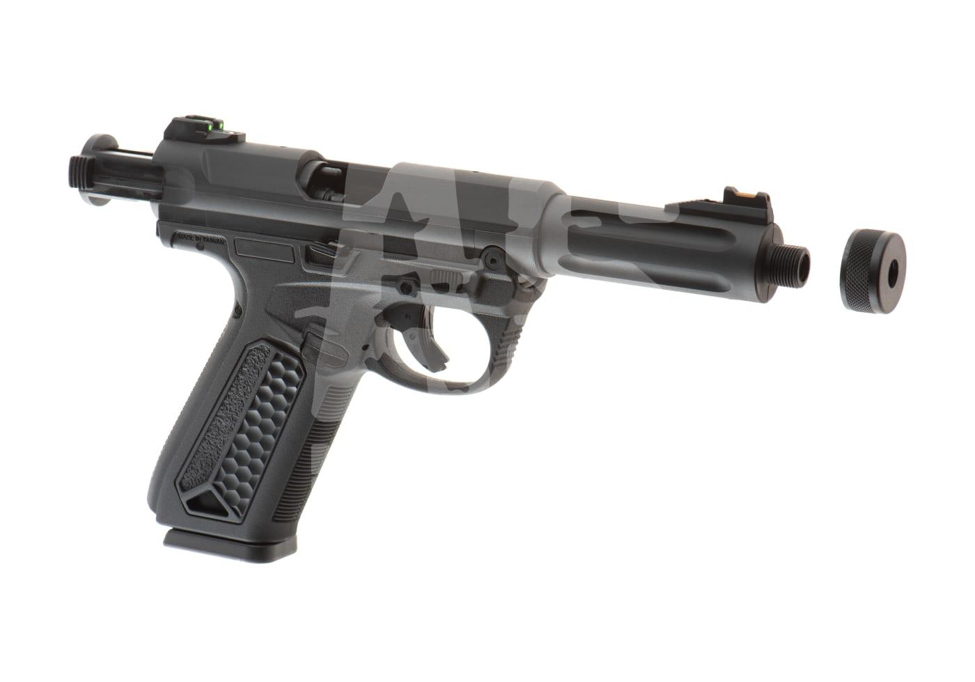 Schwarze Airsoft-Pistole mit abnehmbarem Laufaufsatz, ergonomischem Griff und grüner Visierung.