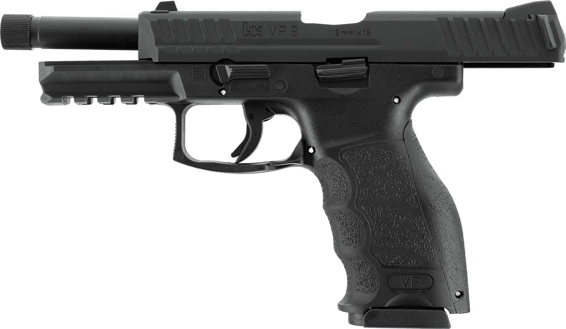 Schwarze Airsoft-Pistole HK VP9 mit geöffneter Verschlussposition, strukturiertem Griff und taktischem Design.