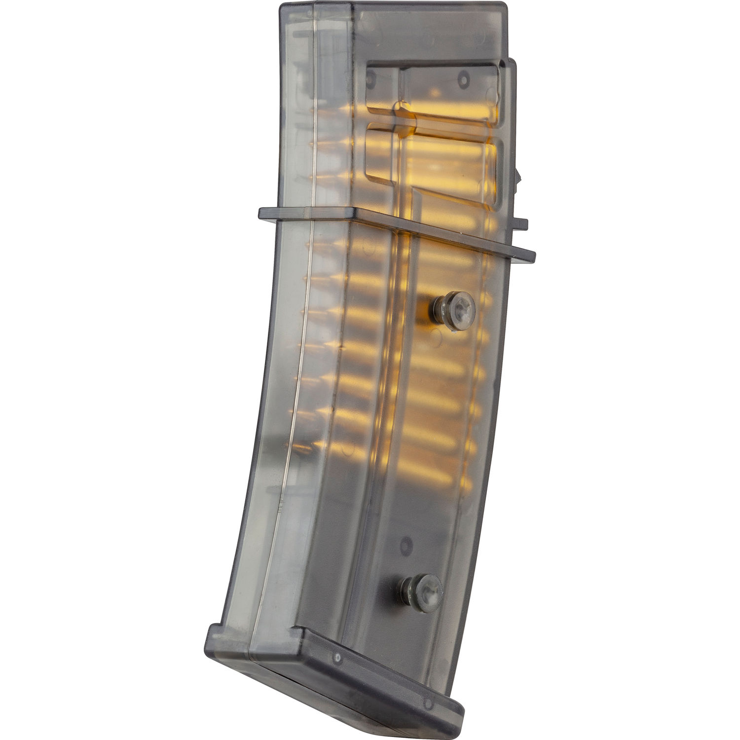 Airsoft-Transparentmagazin mit sichtbaren BBs, seitlich betrachtet.