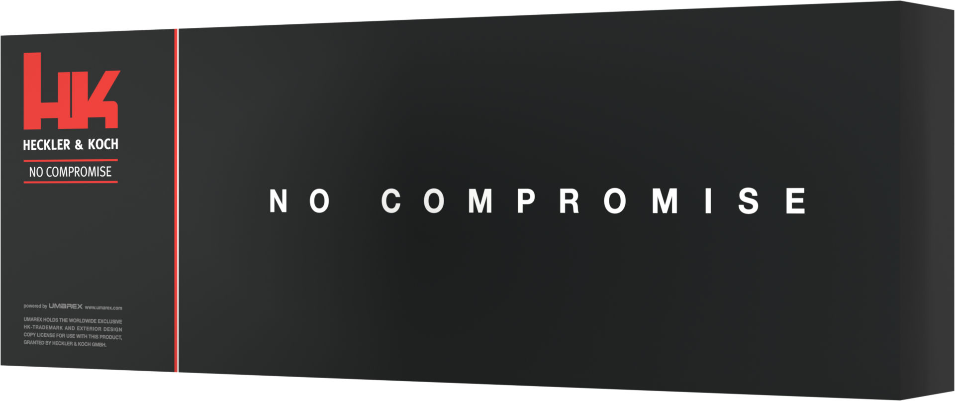 Schwarze Verpackung mit Heckler & Koch Logo und Slogan "No Compromise", powered by Umarex.