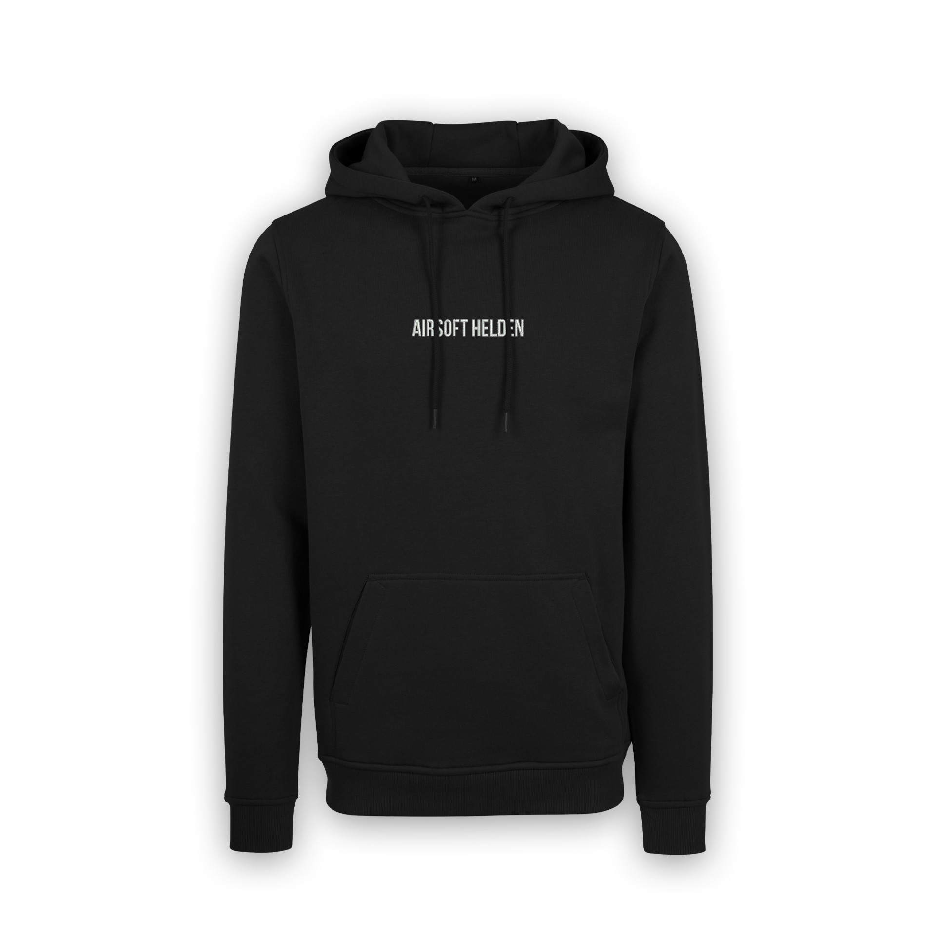Schwarzer Hoodie mit "Airsoft Helden" Schriftzug auf der Brust, Kängurutasche und Kapuze.