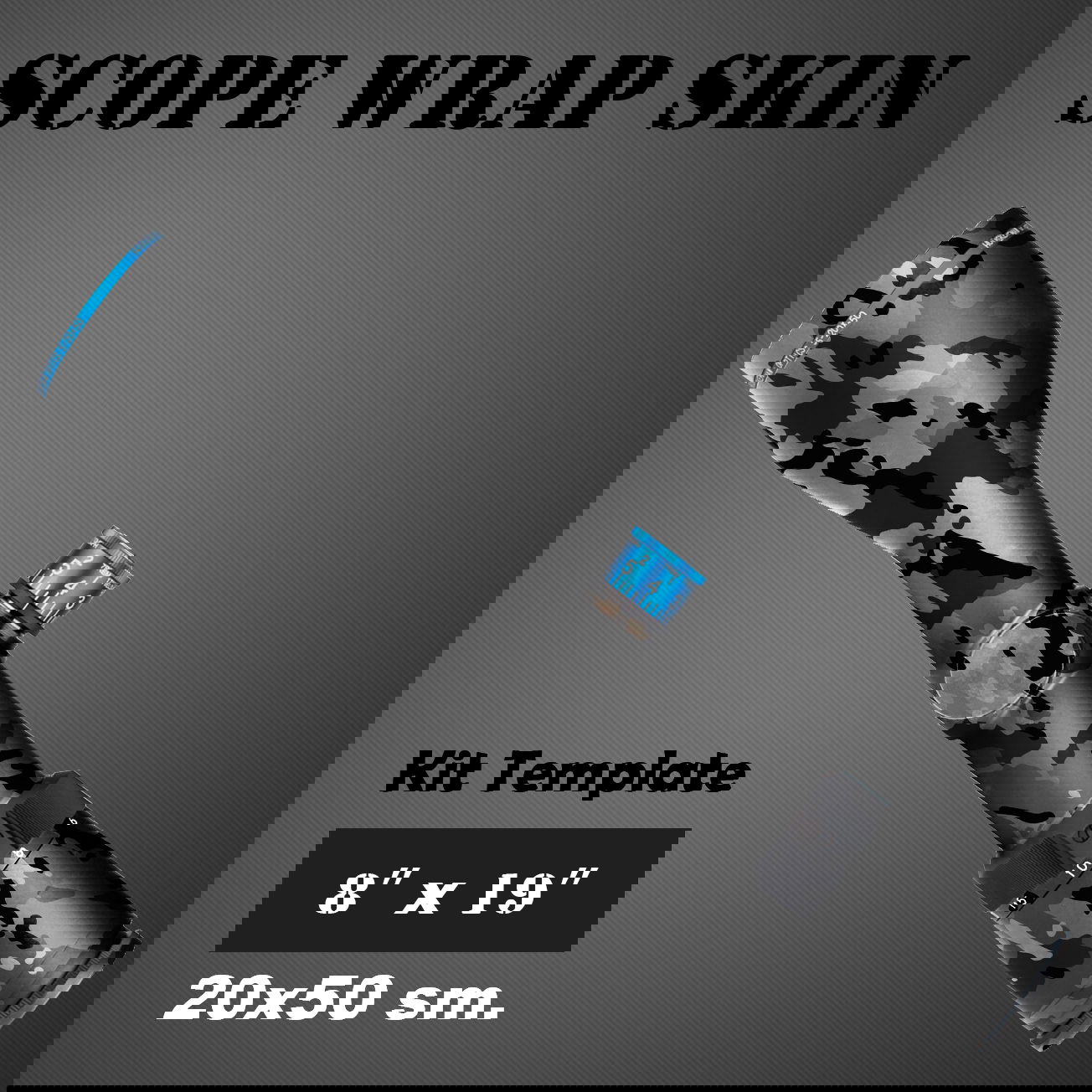 Schwarze Tarnoptik-Folie für Zielfernrohre, 20x50 cm, mit blauen Akzenten.