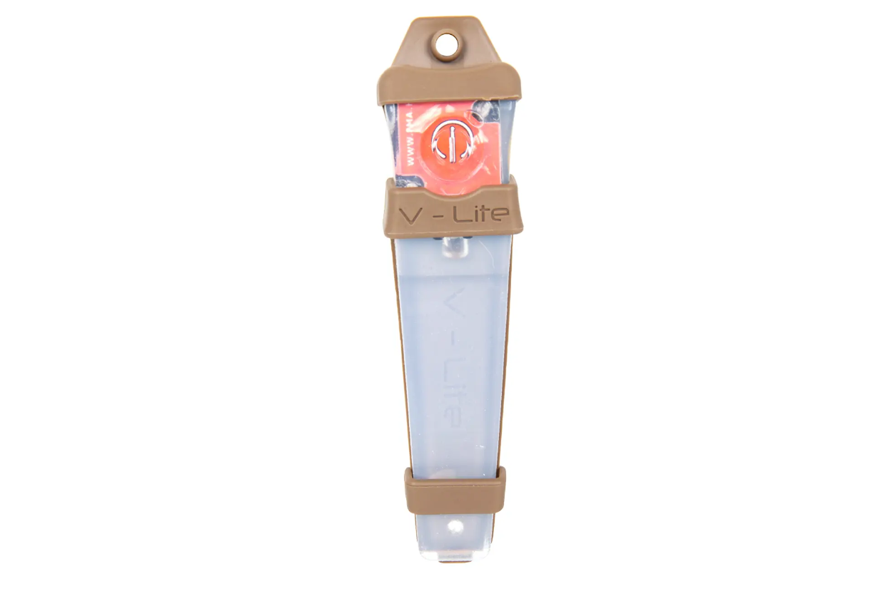 V-Lite Helmlampe, transparent mit braunen Halterungen, zur Befestigung an Ausrüstung für Airsoft.