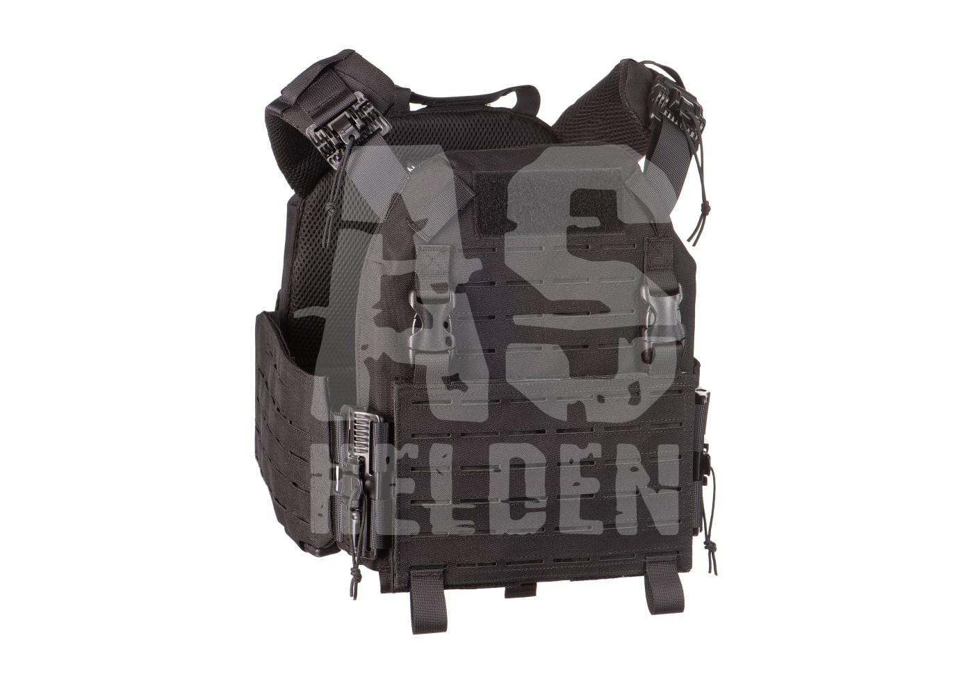 Schwarze Airsoft-Schutzweste mit modularen Taschen und robusten Schnallen.