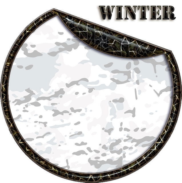 Runder Winter-Tarnstoff mit grauen und weißen Flecken, stilisierte Umrandung.