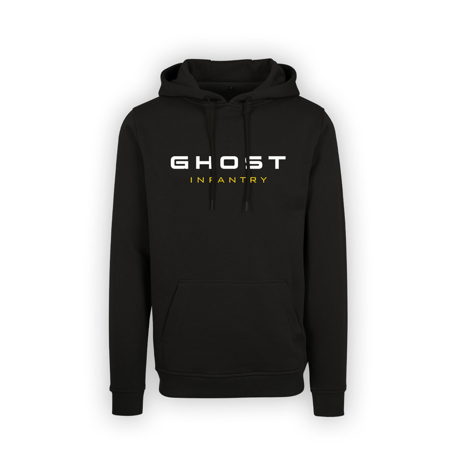 Schwarzer Hoodie mit „GHOST INFANTRY“-Aufdruck in Weiß und Gelb.