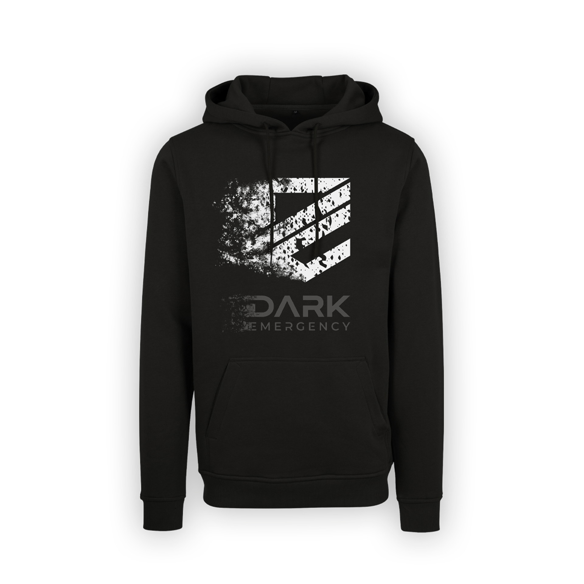 Schwarzer Hoodie mit weißem "Dark Emergency"-Logo und abstraktem Design auf der Vorderseite.