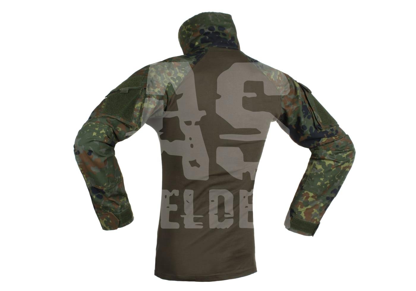 Taktisches Combat-Shirt im Flecktarnmuster, Rückenansicht, ideal für Airsoft-Spiele.