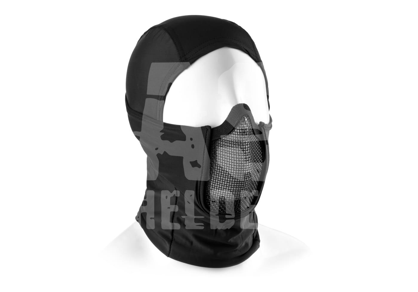 Schwarze Balaklava mit Netzmaske für Airsoft auf einem weißen Mannequin.