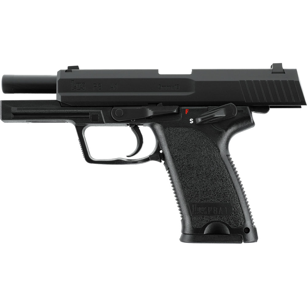 VFC Heckler & Koch P8A1 GBB schwarz Schwarze Airsoft-Pistole H&K P8 A1, 9mm-Design, rechter Seitenausblick, geriffelter Griff, moderate Lauflänge.
