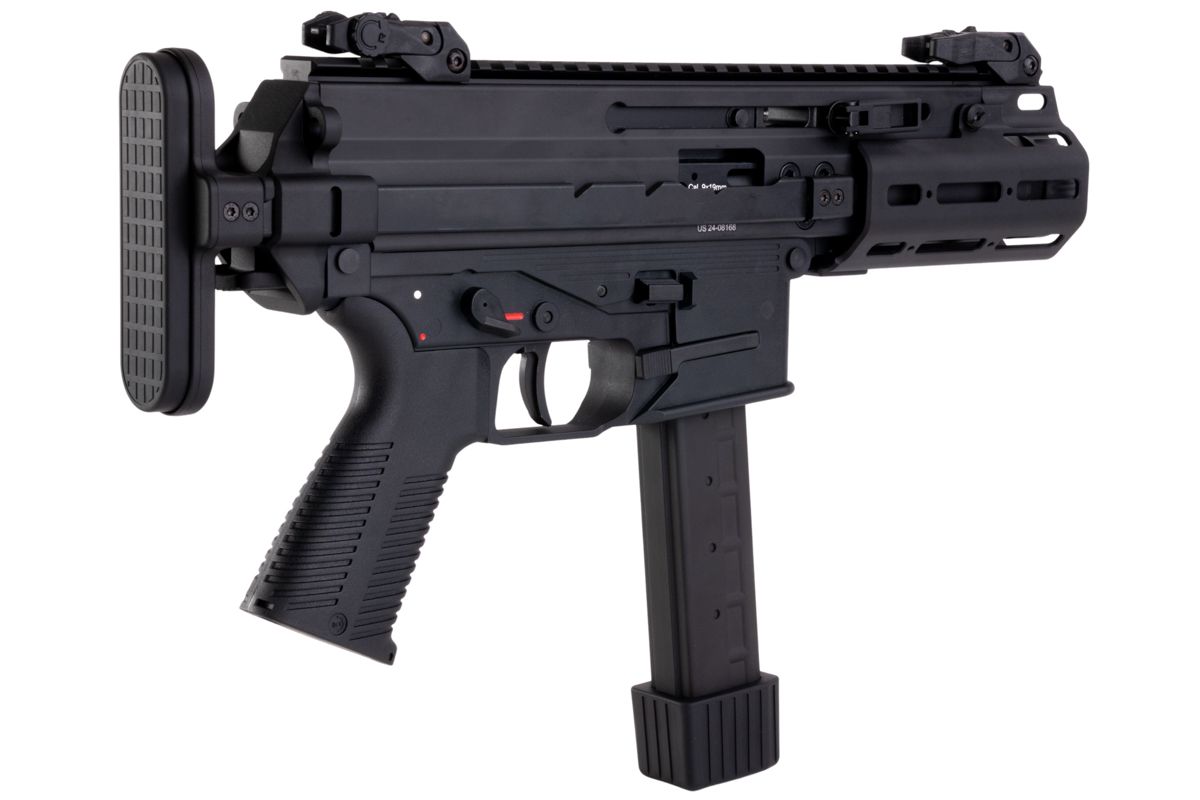 Archwick B&T APC9-K SD2 S GBB - ab 18 Jahren Schwarze Airsoft-MP5 mit Klappschaft und langem Magazin, seitliche Ansicht.