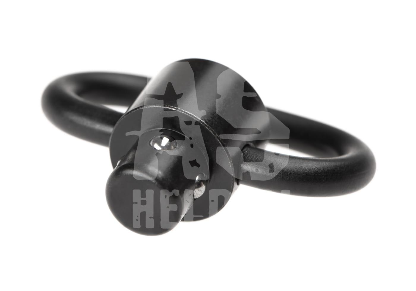 Schwarze Airsoft-Riemenöse mit Schnellverschluss, seitlich fotografiert.