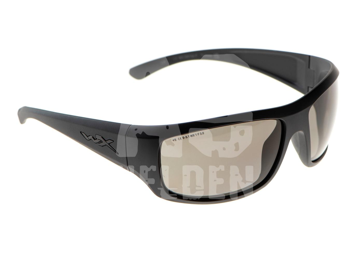 Schwarze Schutzbrille mit getönten Gläsern für Airsoft, WX-Logo an den Bügeln.
