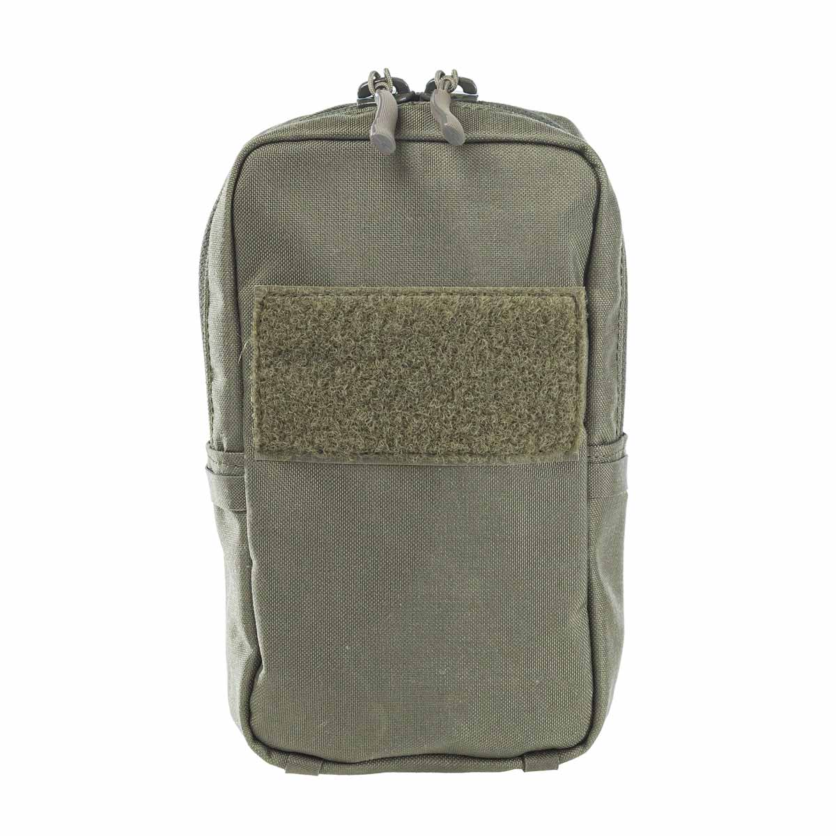 Olivegrüne Tasche mit Klettfläche und Doppelreißverschluss, ideal für Airsoft-Zubehör.