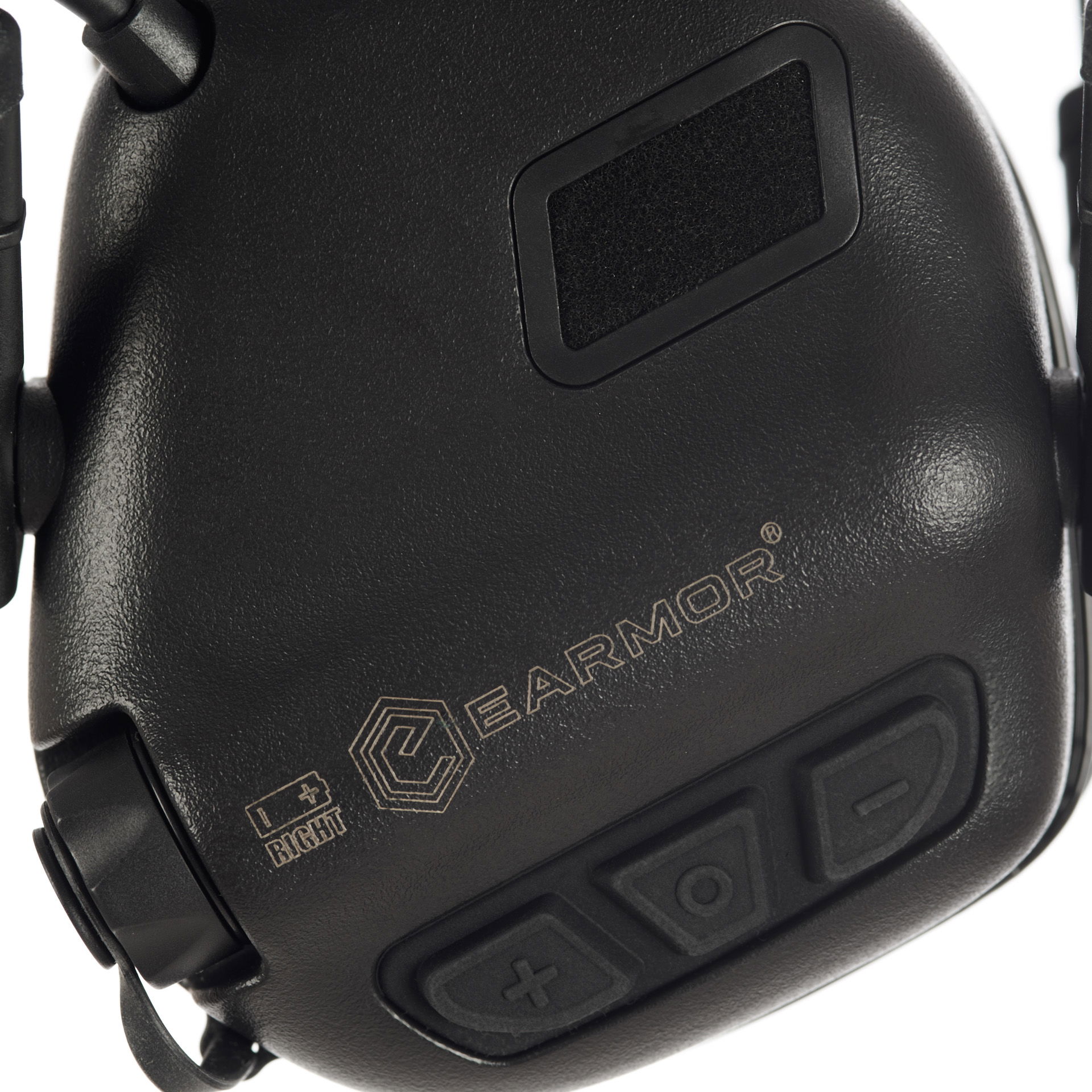 Earmor™ M32 Plus Headset Schwarzer Earmor Gehörschutz mit Bedientasten und "Right" Kennzeichnung, passend für Airsoft-Einsätze.