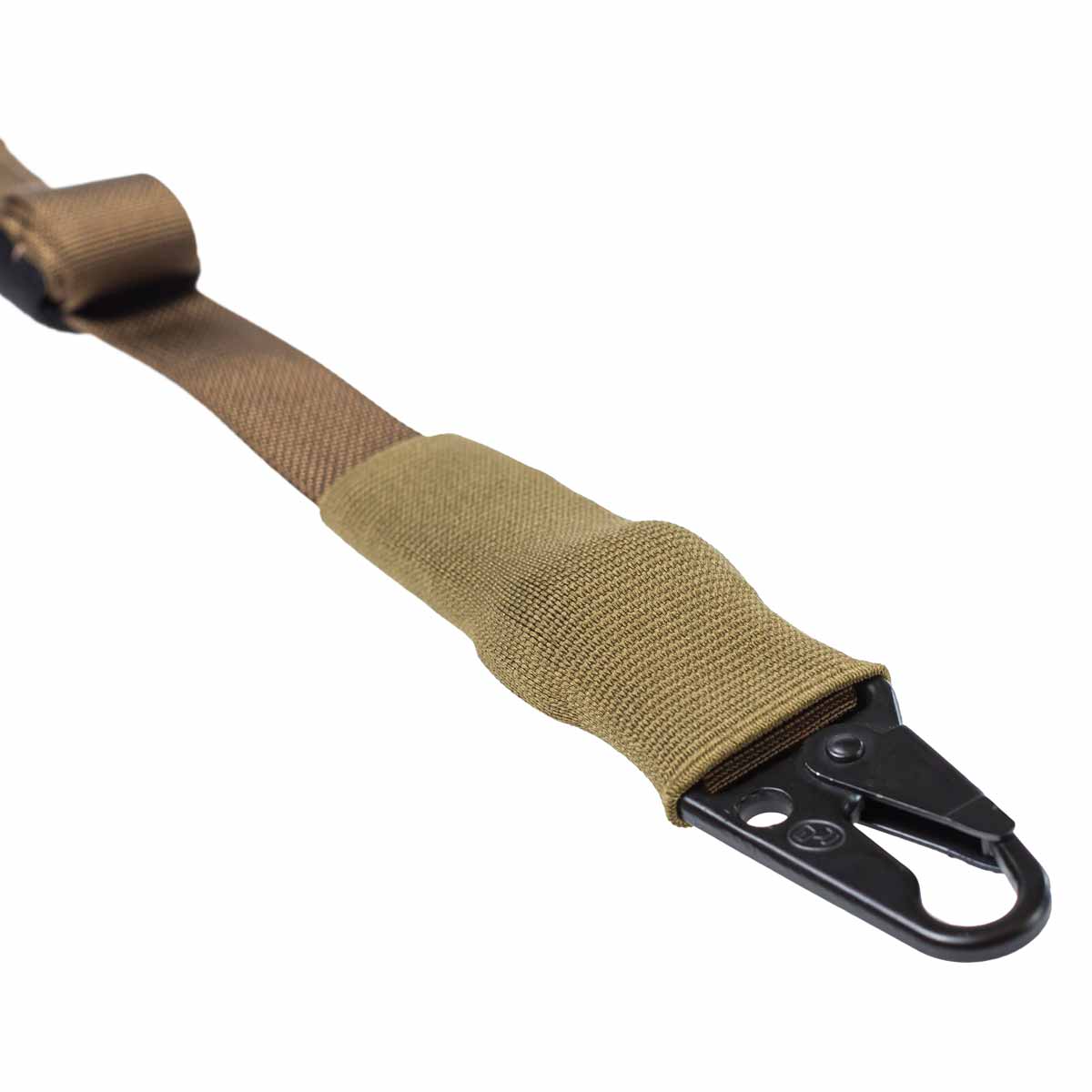 Taktischer Riemen mit Karabinerhaken in Oliv für Airsoft-Ausrüstung.