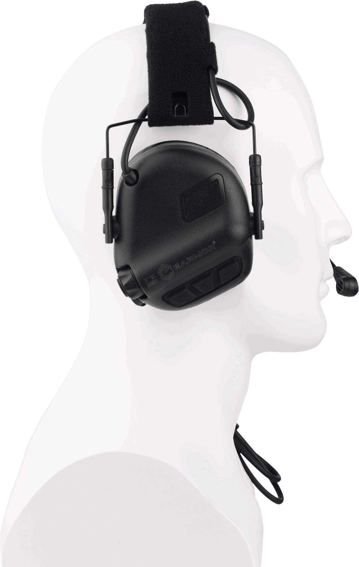 Schwarzes Airsoft-Headset mit Mikrofon an weißem Modellkopf seitlich dargestellt.